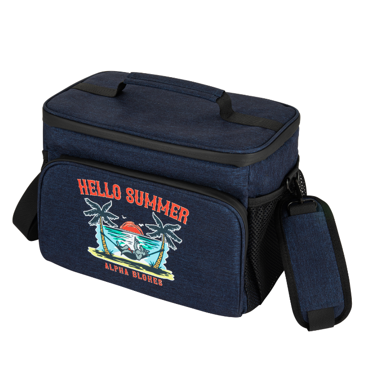 Navy blue cooler bag with 'Hello Summer' text and graphics on a white background