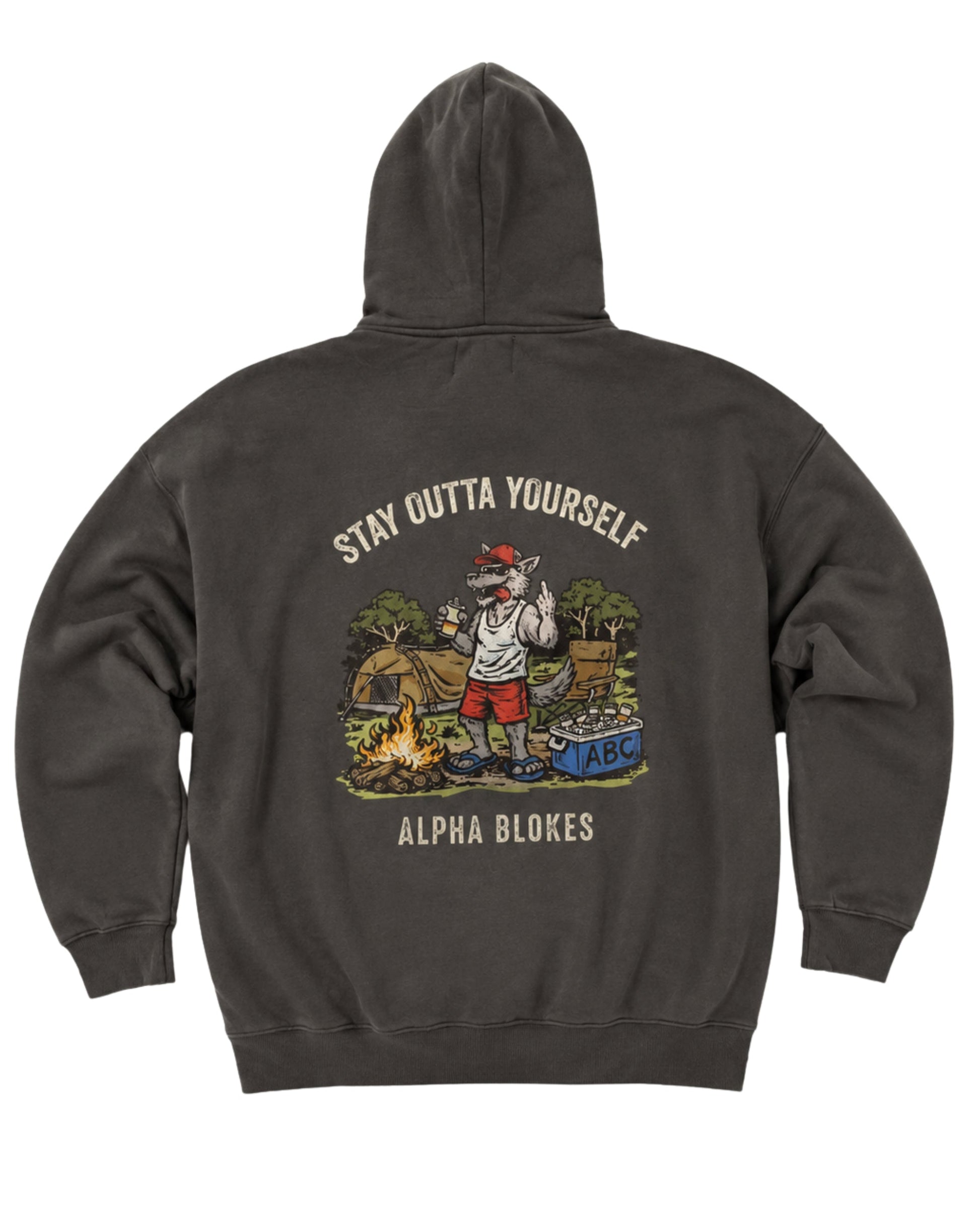 Dark gray hoodie with a graphic design on the back featuring text and a character by Alpha Blokes.