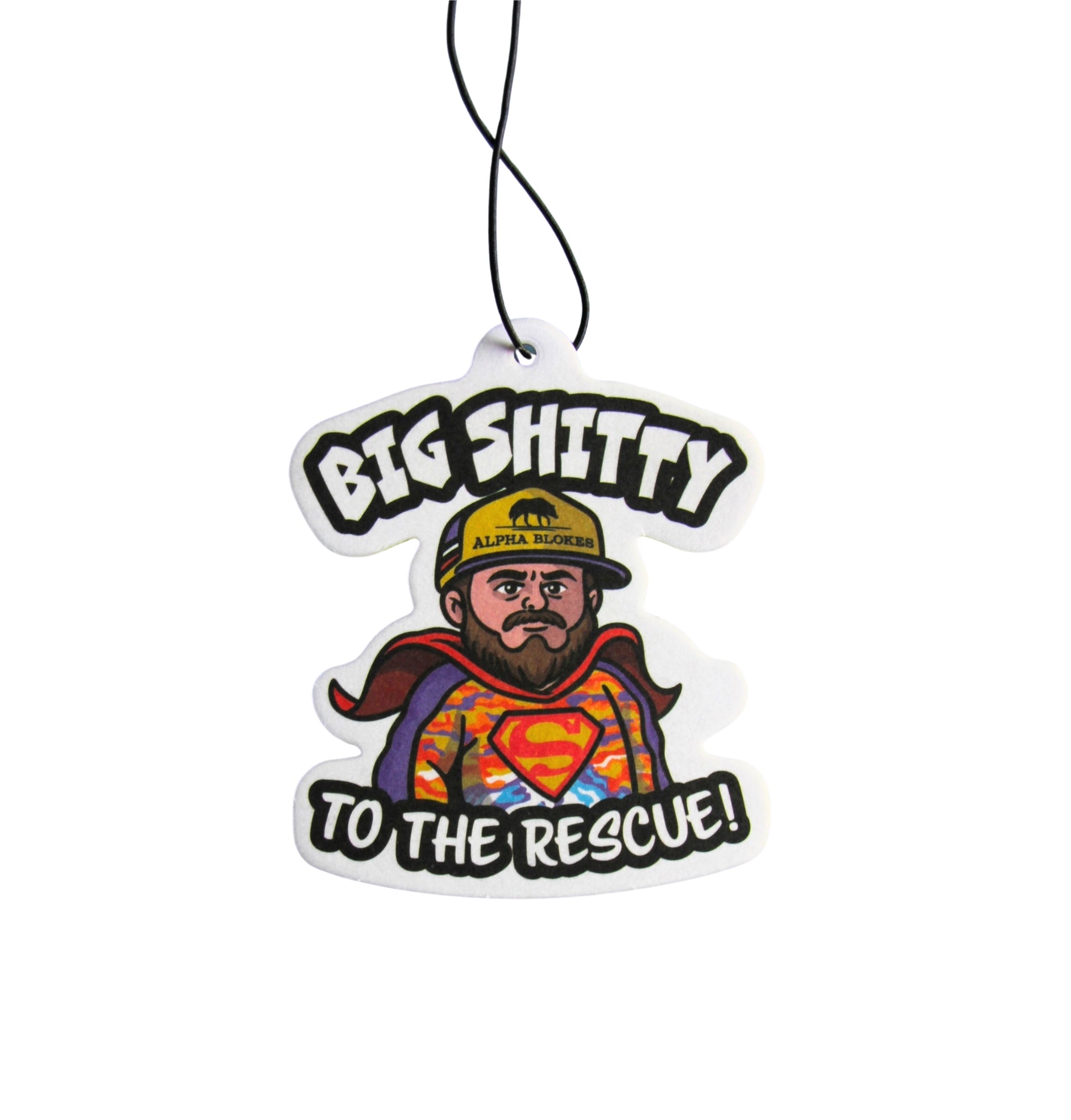 Air freshener with a graphic of a man in a Superman costume and text 'Big Shitty to the Rescue!' on a white background.