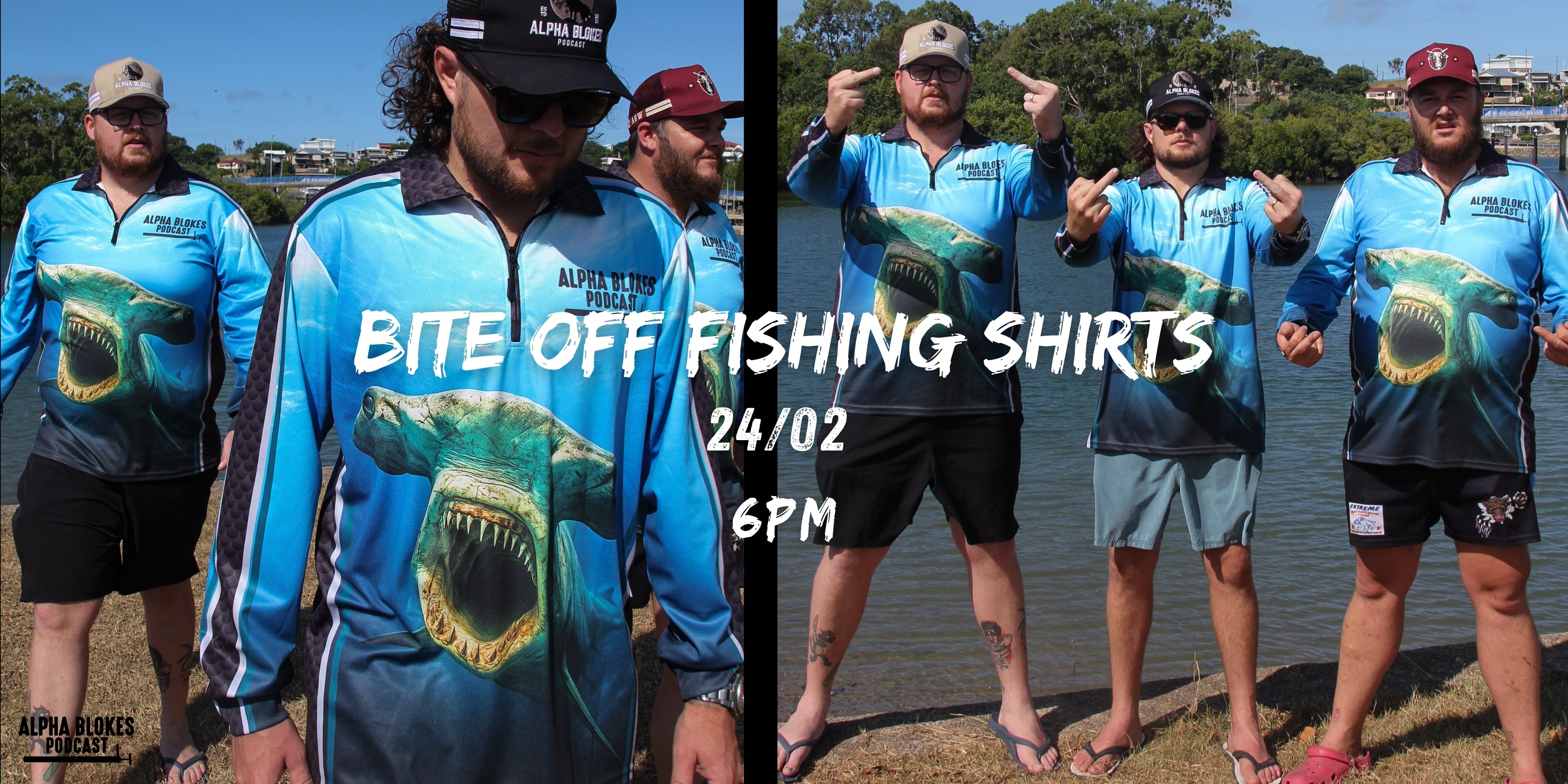 People wearing Bite Off Fishing shirts with shark graphics by a body of water.