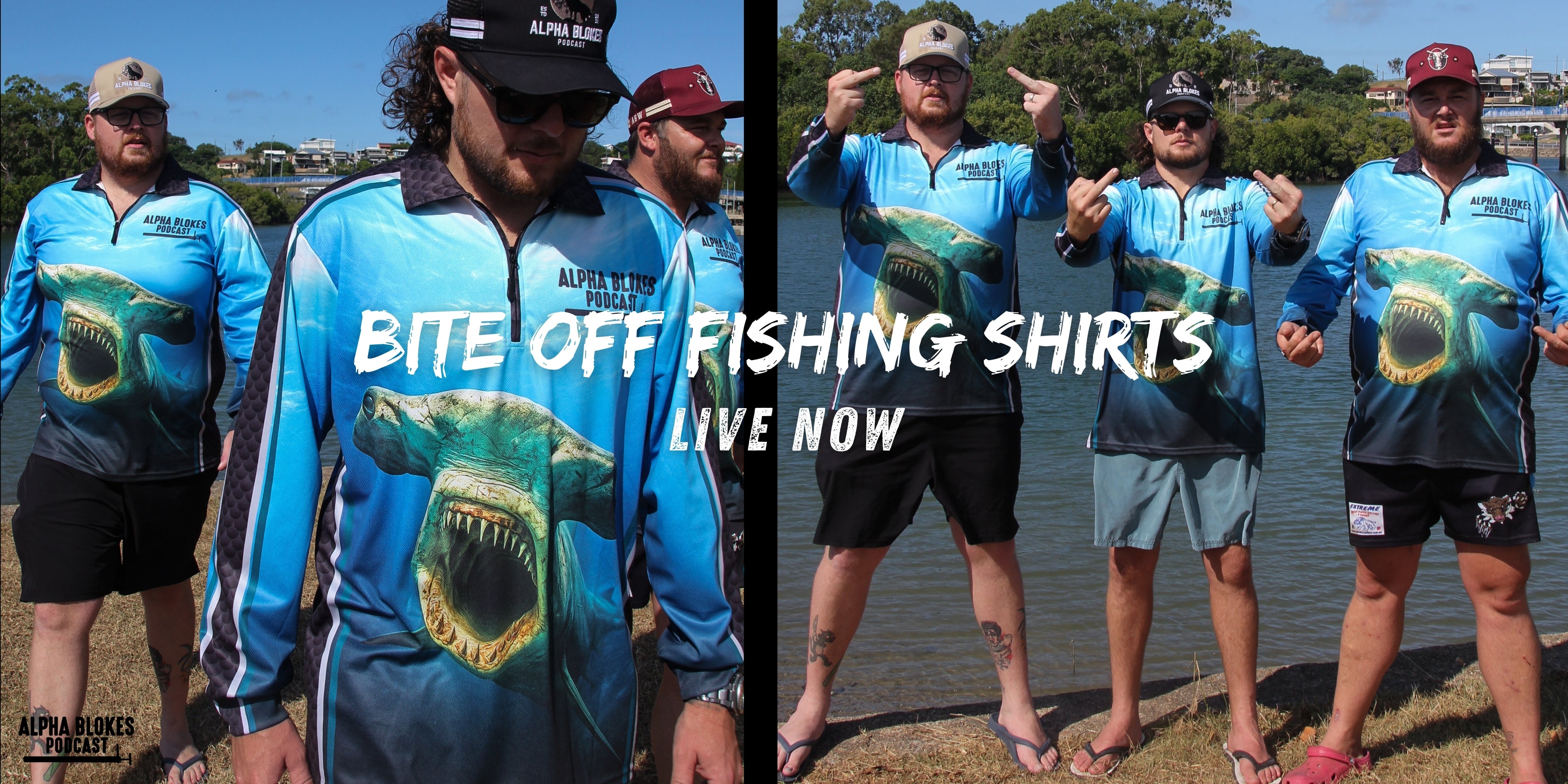 live now 3 men in fishing shirt